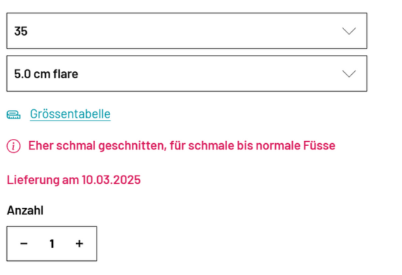 Dropdown-Menüs für Schuhgröße und Schlagweite mit Datums- und Mengenauswahl für einen Onlineshop in deutscher Sprache.